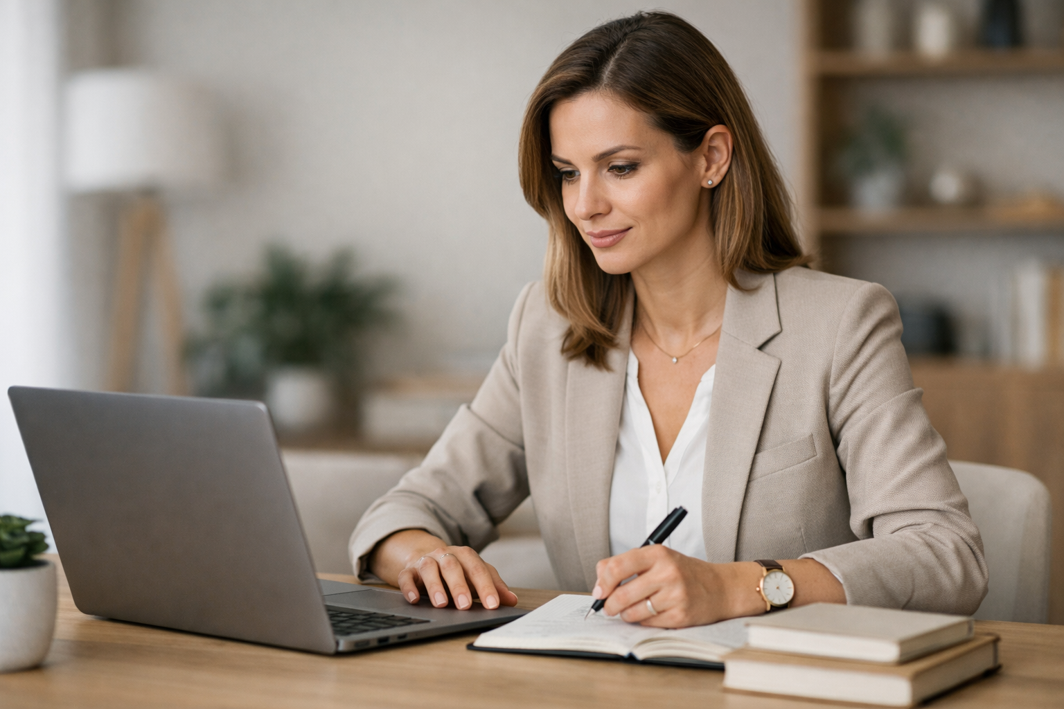 Femme professionnelle concentrée travaillant sur un ordinateur portable dans un espace lumineux et moderne